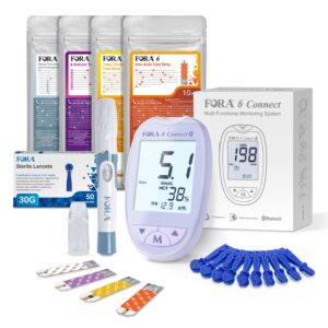 Pachet complet Fora6 Connect MOV: analizor, teste glicemie/hematocrit/hemoglobina, colesterol, beta-cetone, acid uric, lancete