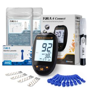 Glucometru FORA cu Bluetooth, cu 50 bandelete de testare glicemie, hematocrit, hemoglobina si 50 ace