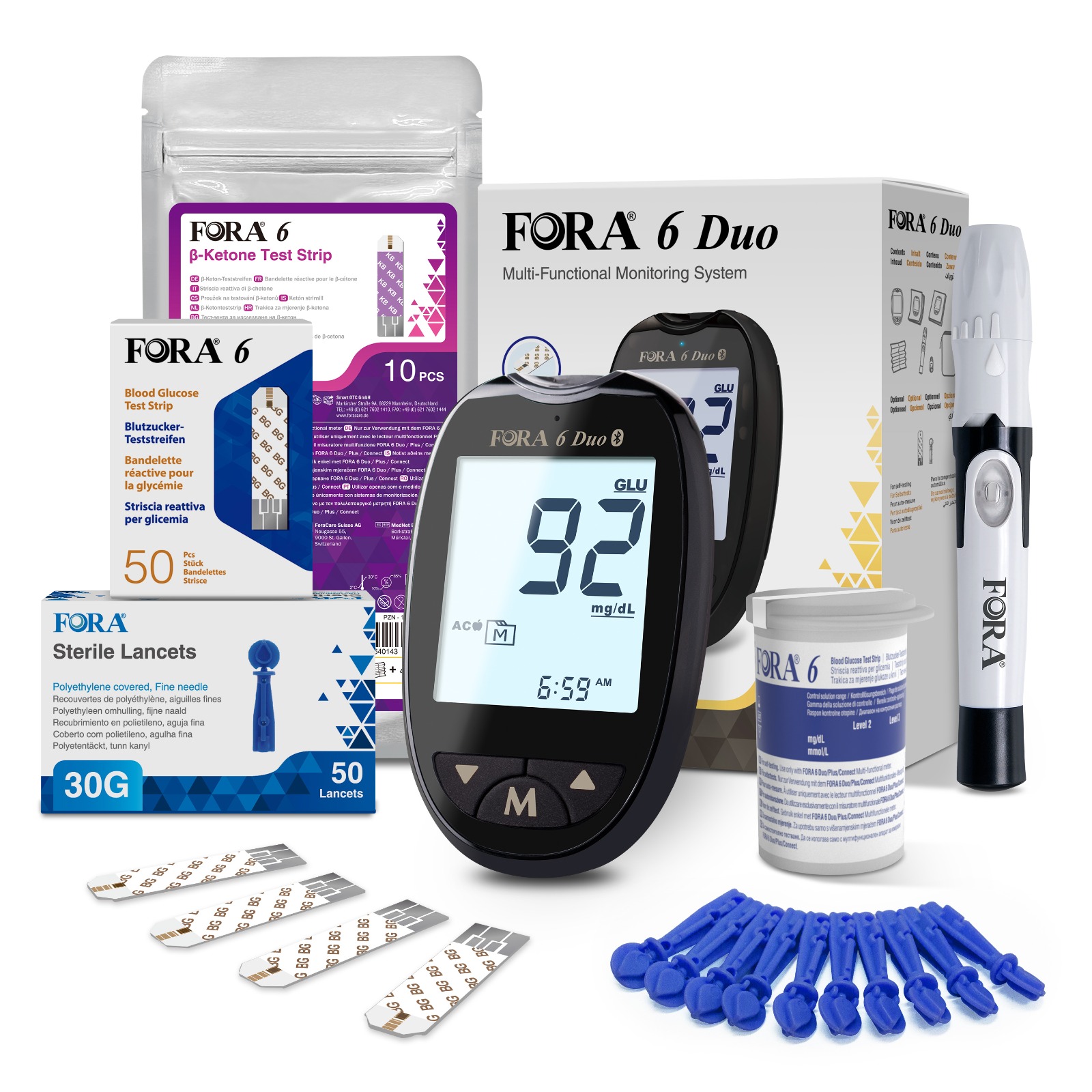 FORA 6 Duo Set pentru masurarea cetonelor si a glicemiei – 10 teste cetone + 50 teste glicemie + 60 lancete